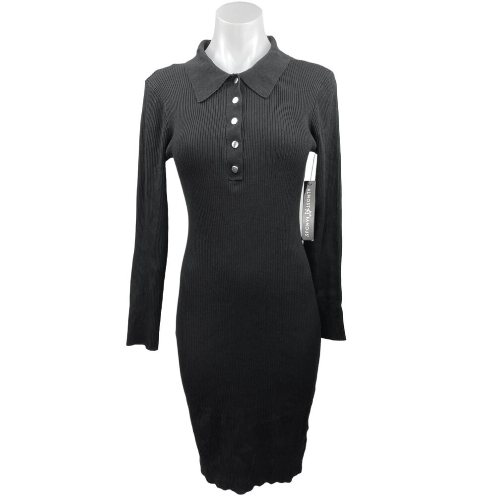 NEW Almost Famous Black Ribbed Polo Henley Open Back Sheath Midi Dress Size XL